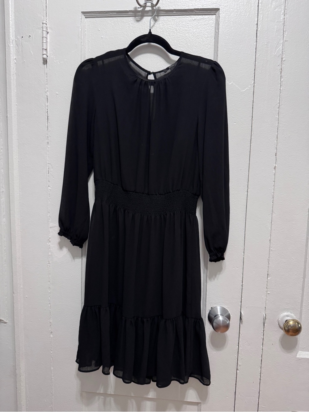 J. Crew Black Long-Sleeve Tiered Smock-Waist Dress
